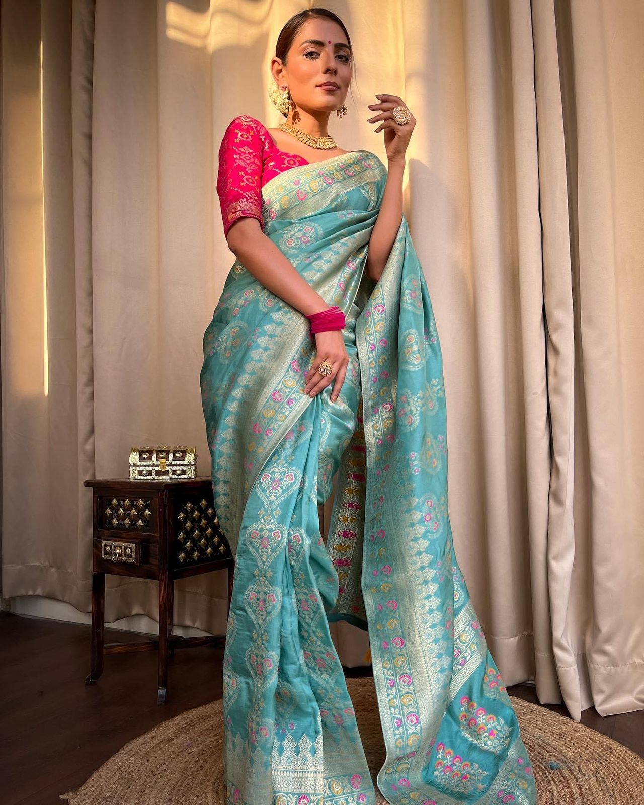 Firoji Colour Woven Banarasi Jacquard Saree.