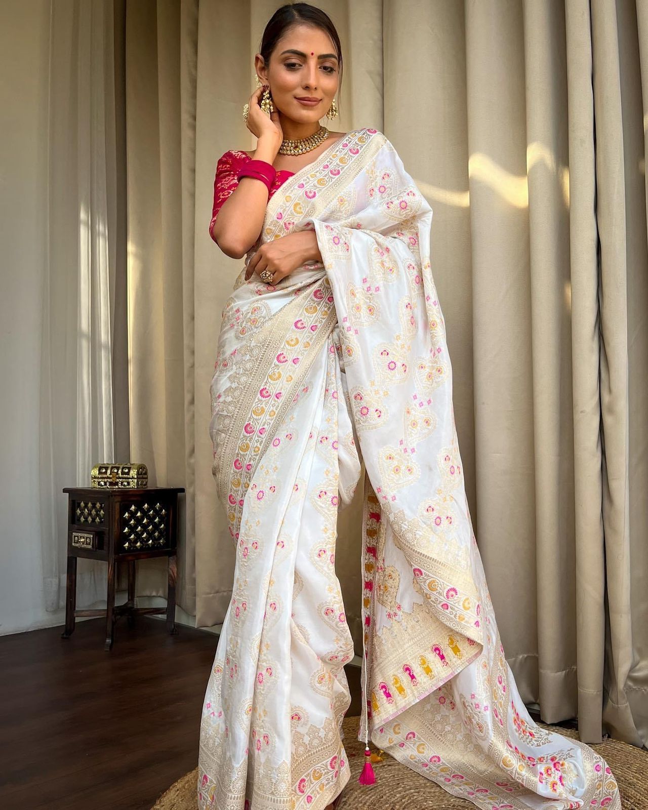 White Woven Banarasi Jacquard Saree