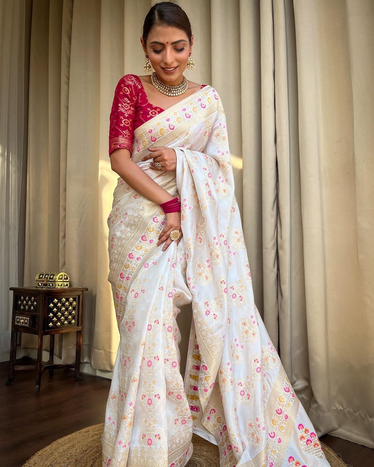 White Woven Banarasi Jacquard Saree