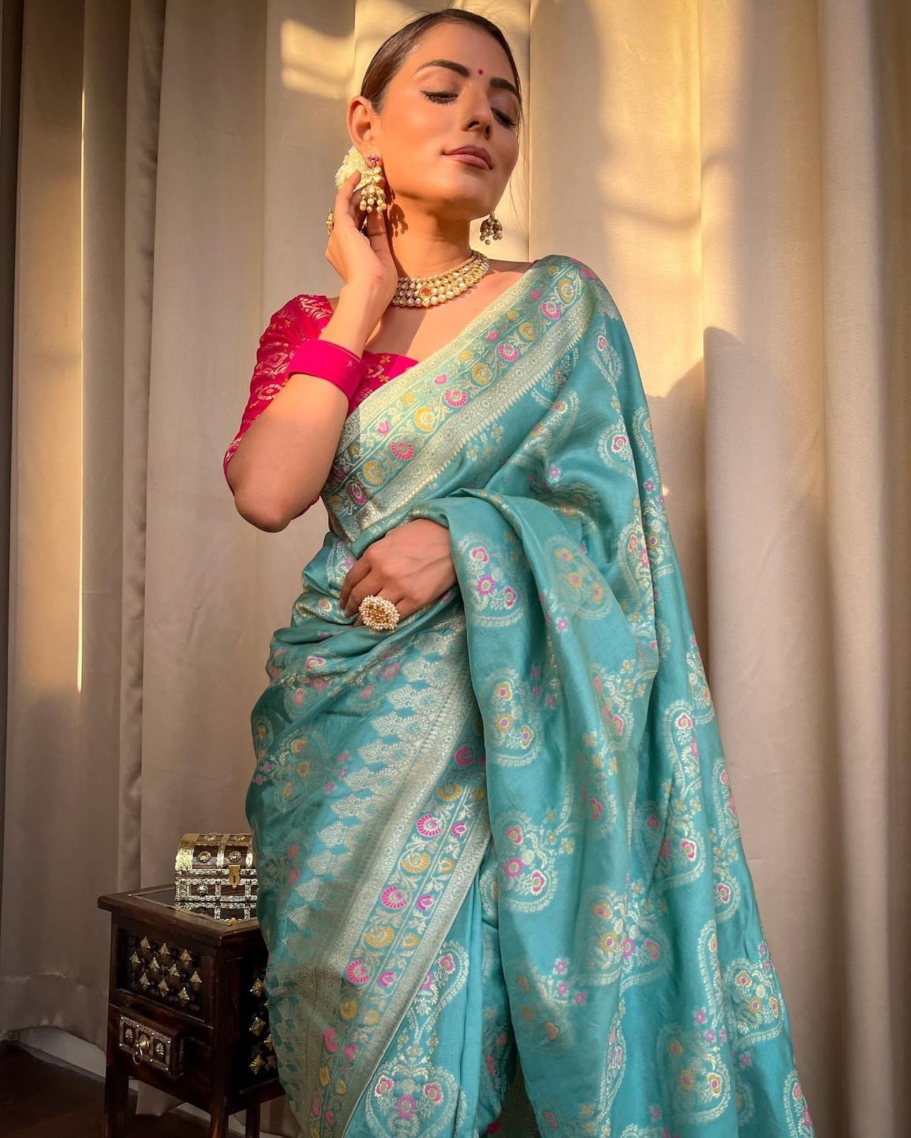 Firoji Colour Woven Banarasi Jacquard Saree.