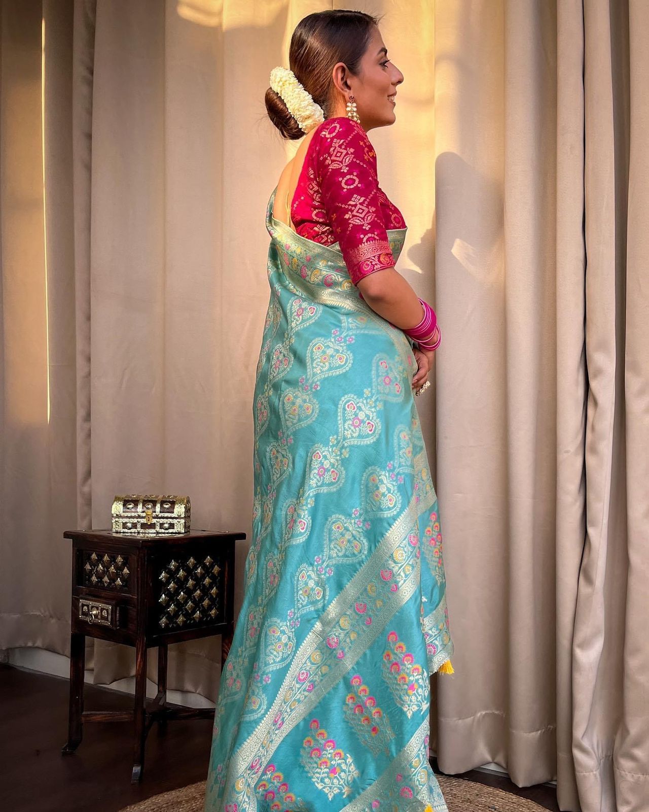 Firoji Colour Woven Banarasi Jacquard Saree.