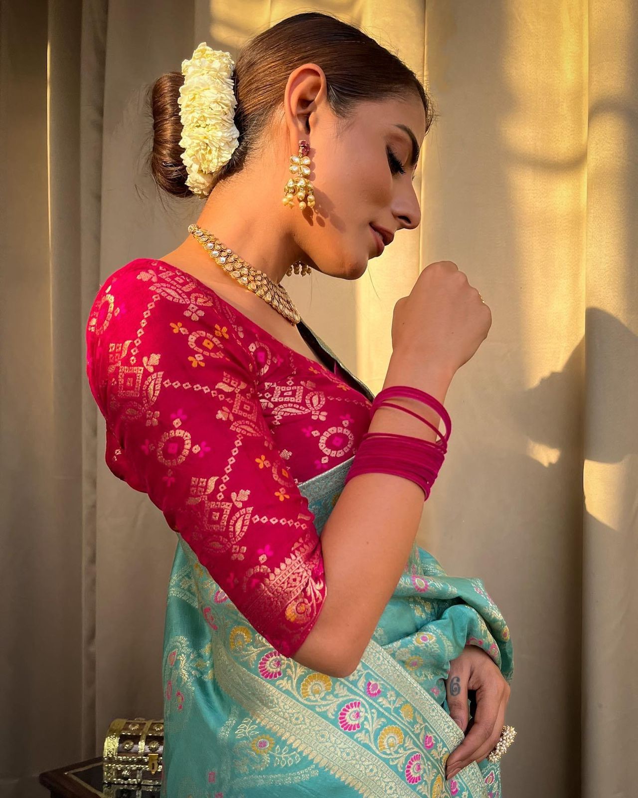 Firoji Colour Woven Banarasi Jacquard Saree.