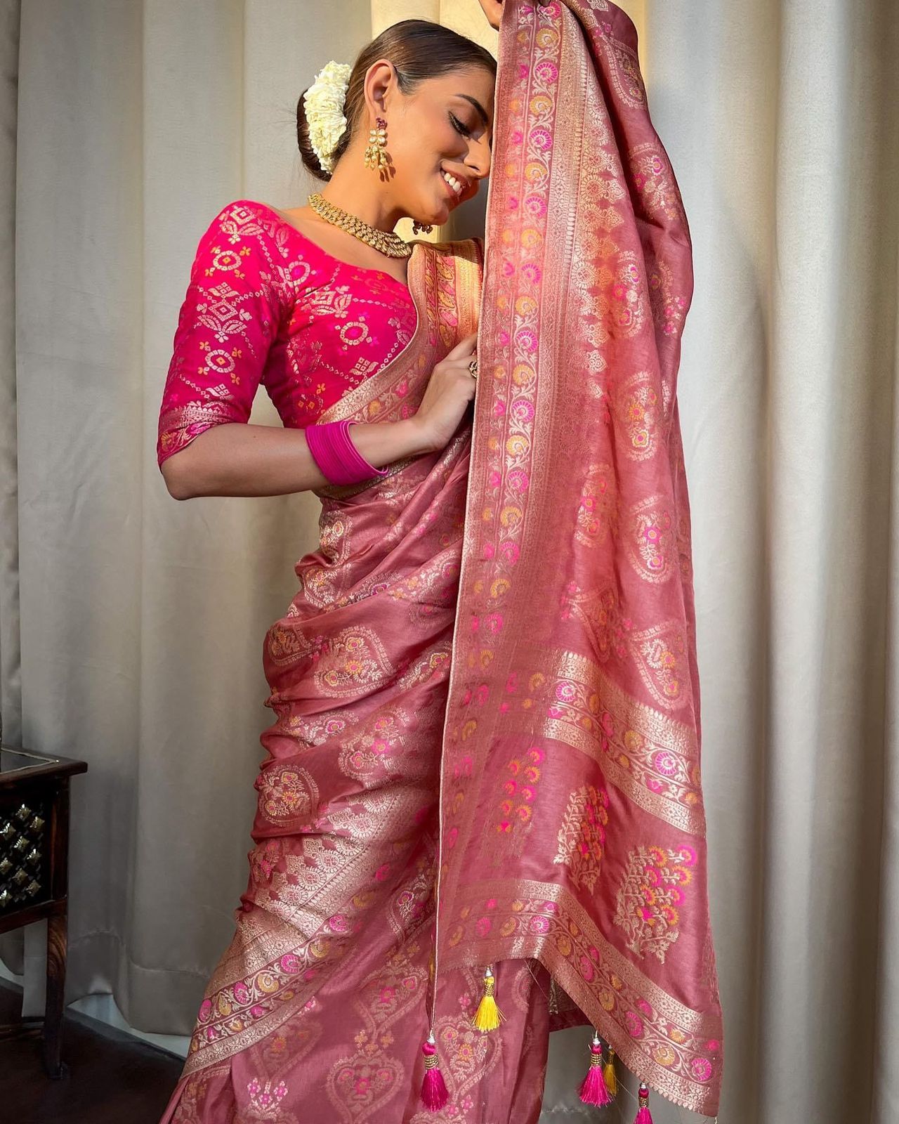 Pink Colour Woven Banarasi Jacquard Saree.