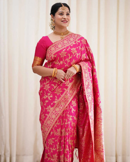 Pink Banarasi Jacquard Saree with Elegant Floral Print