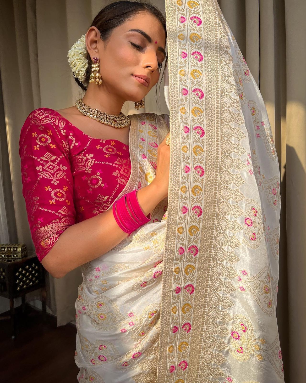 White Woven Banarasi Jacquard Saree