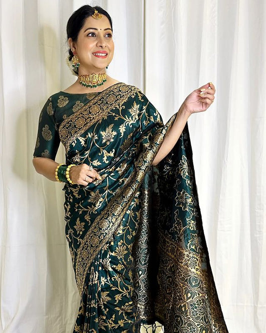 Green Banarasi Jacquard Saree with Floral Print