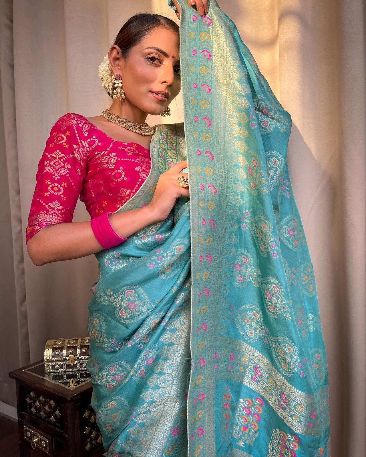 Firoji Colour Woven Banarasi Jacquard Saree.