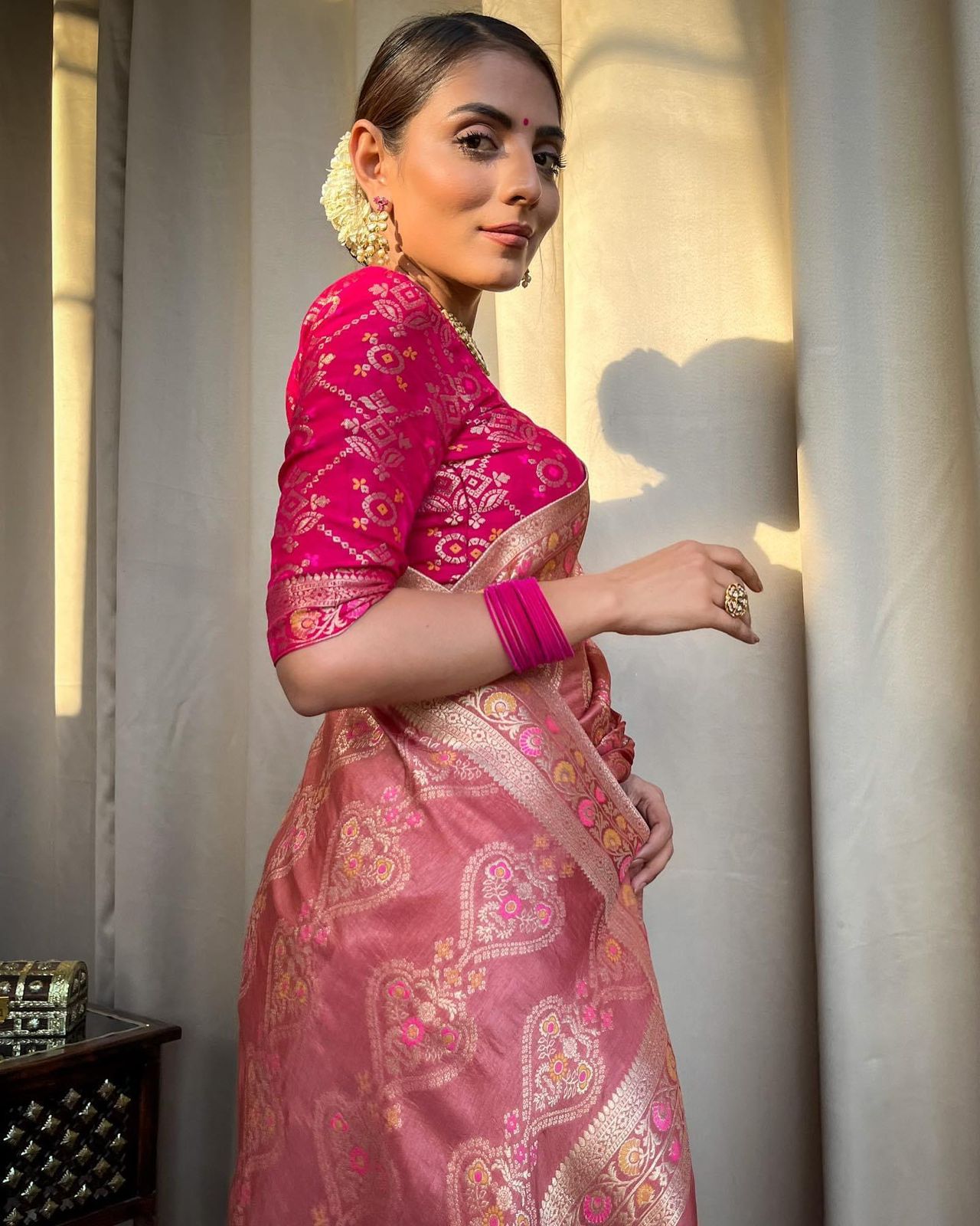 Pink Colour Woven Banarasi Jacquard Saree.