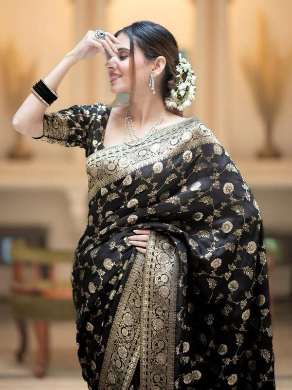 Charcoal Black Colour Luxury Silk Saree For Functions For Women.