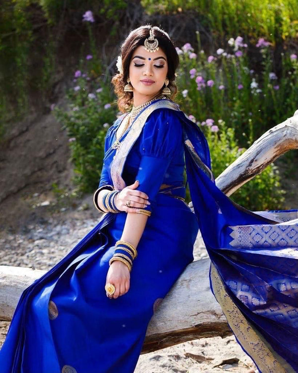 Majestic Indigo Blue Colour Premium Banarasi Silk Saree For Women.